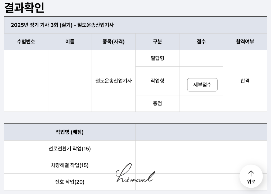 철도운송산업기사 필답 작업형 시험 합격 후기 사진.